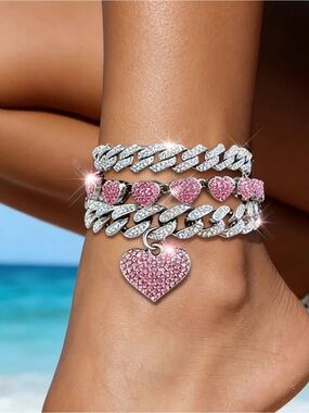 Silver & Pink Heart Crystal Layered Anklet Bracelet